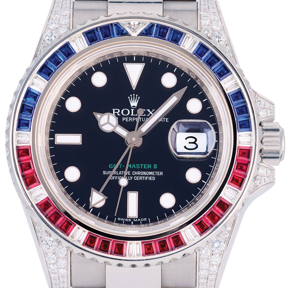 Rolex GMT-Master II 40mm - Ref: 116759SARU - Black Dial, Diamond Ruby Sapphire Bezel, Diamond Case, 18K White Gold Oyster Bracelet Men's Watch