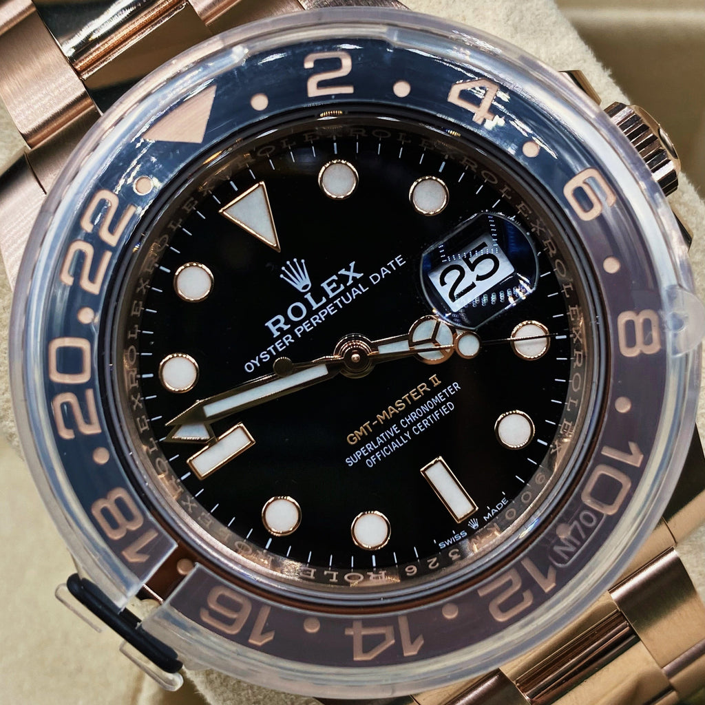 Rolex GMT-Master II 40mm Root Beer Black Dial Oyster Bracelet 18k Rose Gold Watch 126715chnr-0001
