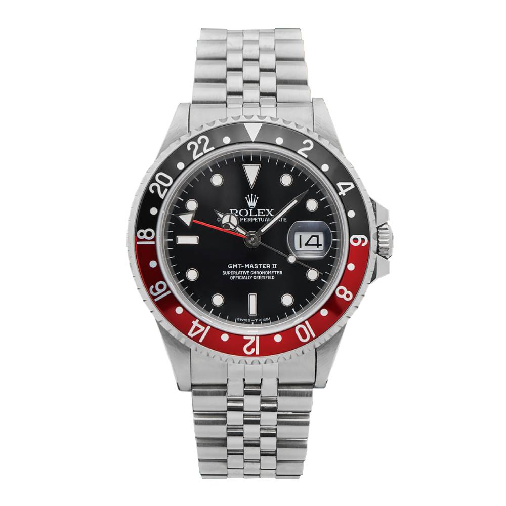 Rolex GMT-Master II "Fat Lady Coke" 40mm - Ref: 16760 - Black Dial, Red & Black Bezel, Stainless Steel Oyster Bracelet Men's Watch