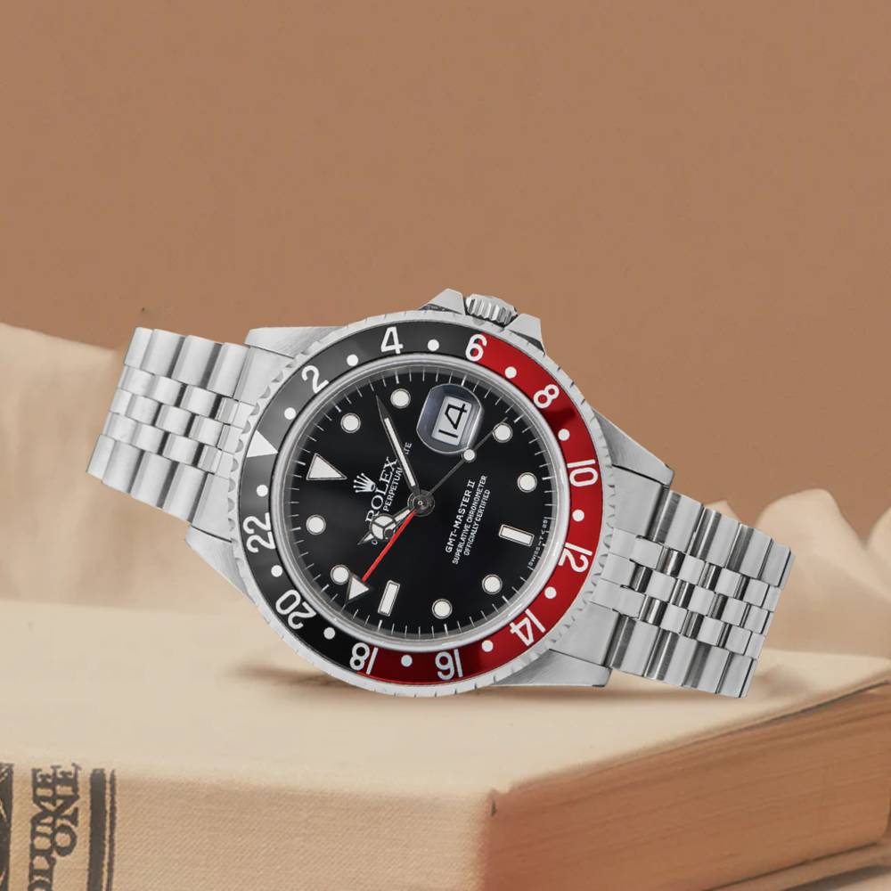 Rolex GMT-Master II "Fat Lady Coke" 40mm - Ref: 16760 - Black Dial, Red & Black Bezel, Stainless Steel Oyster Bracelet Men's Watch