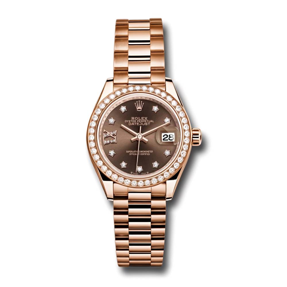 Rolex Lady-Datejust 28mm - Ref: 279135RBR cho9dix8dp - Chocolate Diamond Dial & Diamond Bezel, 18K Rose Gold Presidential Bracelet Women's Watch