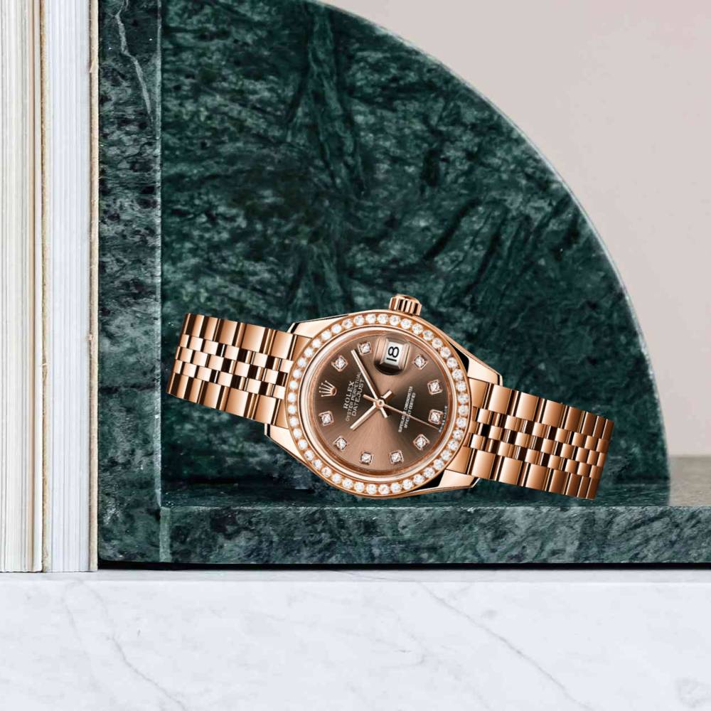 Rolex Lady-Datejust 28mm - Ref: 279135RBR chodj - Chocolate Diamond Dial & Diamond Bezel, 18K Rose Gold Jubilee Bracelet Women's Watch