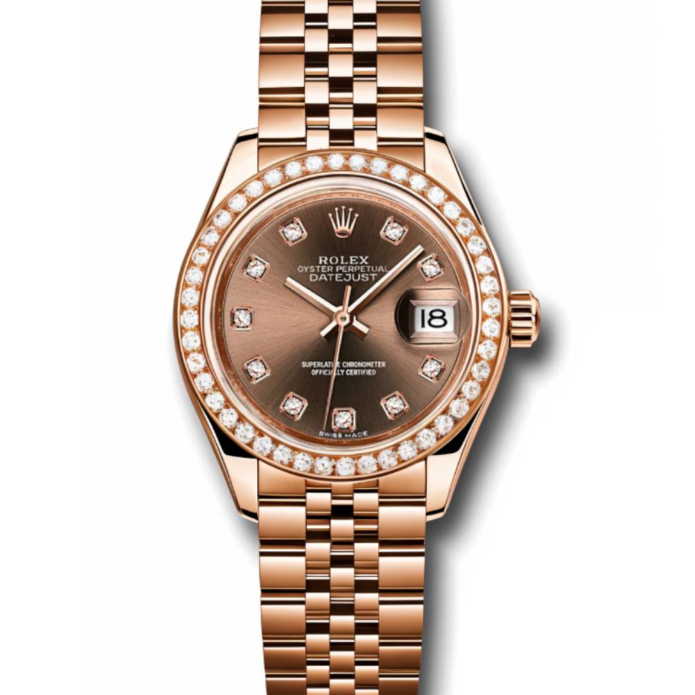 Rolex Lady-Datejust 28mm - Ref: 279135RBR chodj - Chocolate Diamond Dial & Diamond Bezel, 18K Rose Gold Jubilee Bracelet Women's Watch