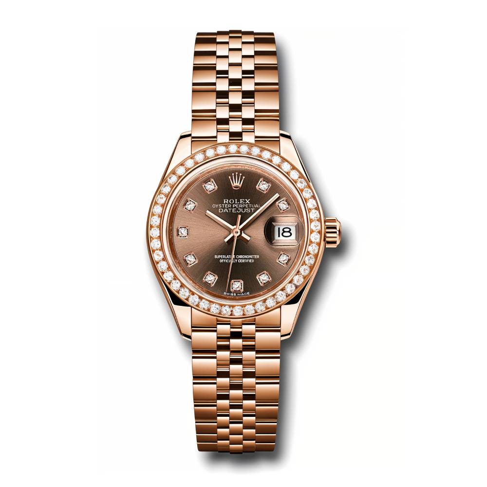 Rolex Lady-Datejust 28mm - Ref: 279135RBR chodj - Chocolate Diamond Dial & Diamond Bezel, 18K Rose Gold Jubilee Bracelet Women's Watch