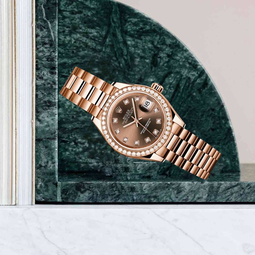 Rolex Lady-Datejust 28mm - Ref: 279135RBR chodp - Chocolate Diamond Dial & Diamond Bezel, 18K Rose Gold Presidential Bracelet Women's Watch