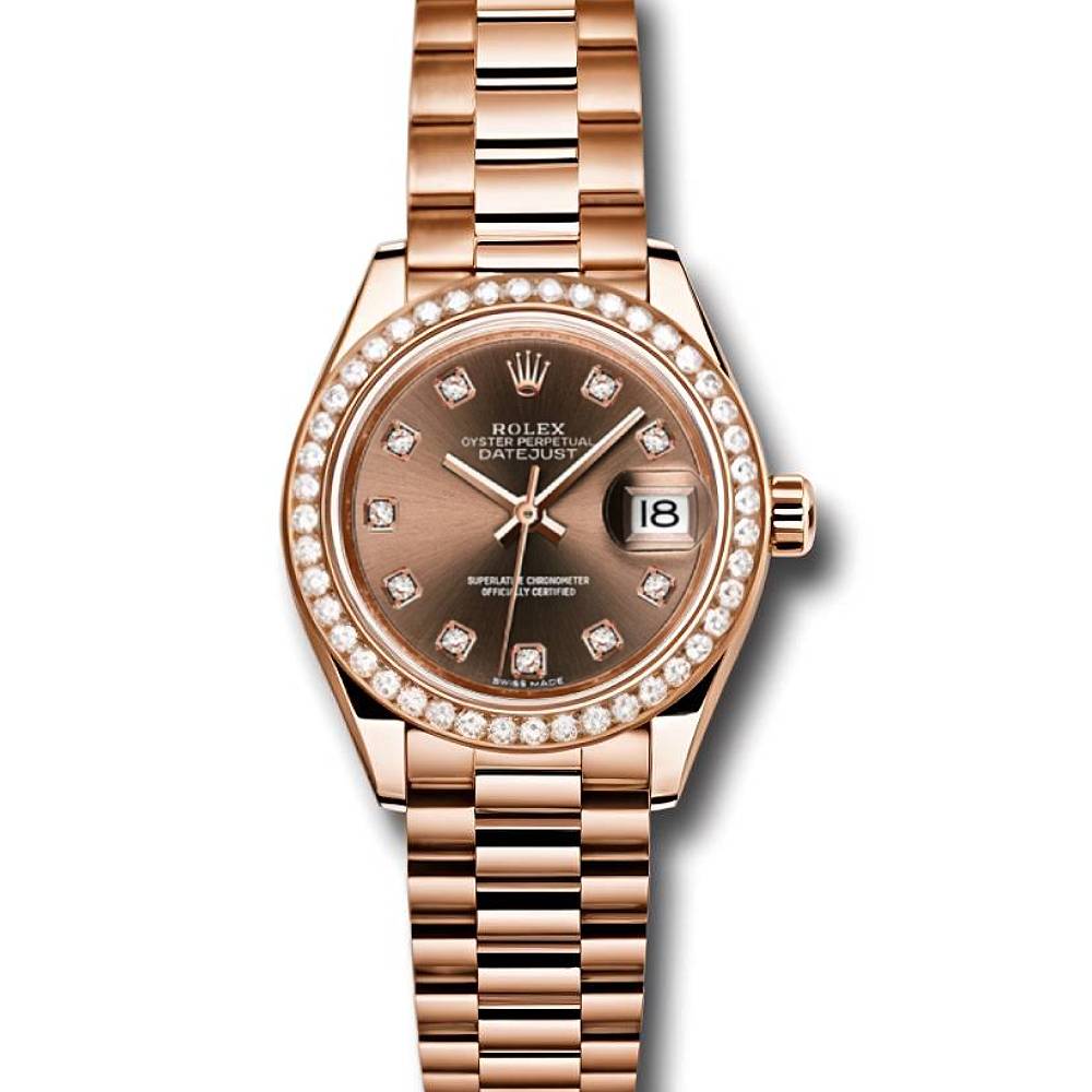 Rolex Lady-Datejust 28mm - Ref: 279135RBR chodp - Chocolate Diamond Dial & Diamond Bezel, 18K Rose Gold Presidential Bracelet Women's Watch
