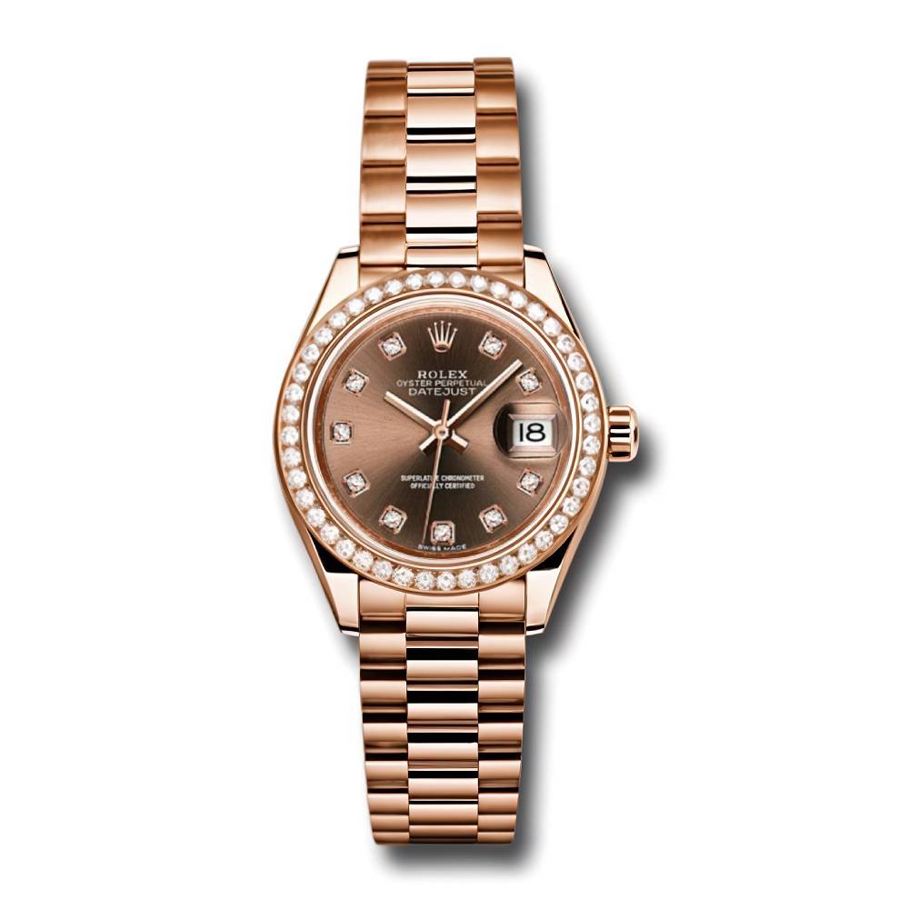 Rolex Lady-Datejust 28mm - Ref: 279135RBR chodp - Chocolate Diamond Dial & Diamond Bezel, 18K Rose Gold Presidential Bracelet Women's Watch