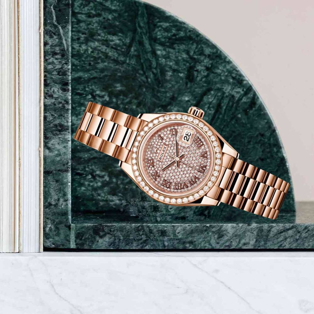 Rolex Lady-Datejust 28mm - Ref: 279135RBR dprp - Diamond Pave Dial & Diamond Bezel, 18K Rose Gold Presidential Bracelet Women's Watch