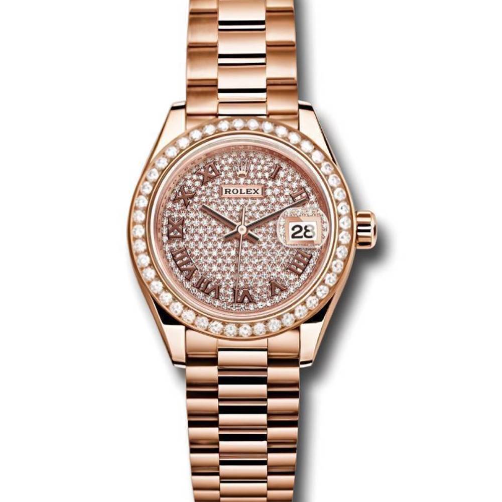 Rolex Lady-Datejust 28mm - Ref: 279135RBR dprp - Diamond Pave Dial & Diamond Bezel, 18K Rose Gold Presidential Bracelet Women's Watch