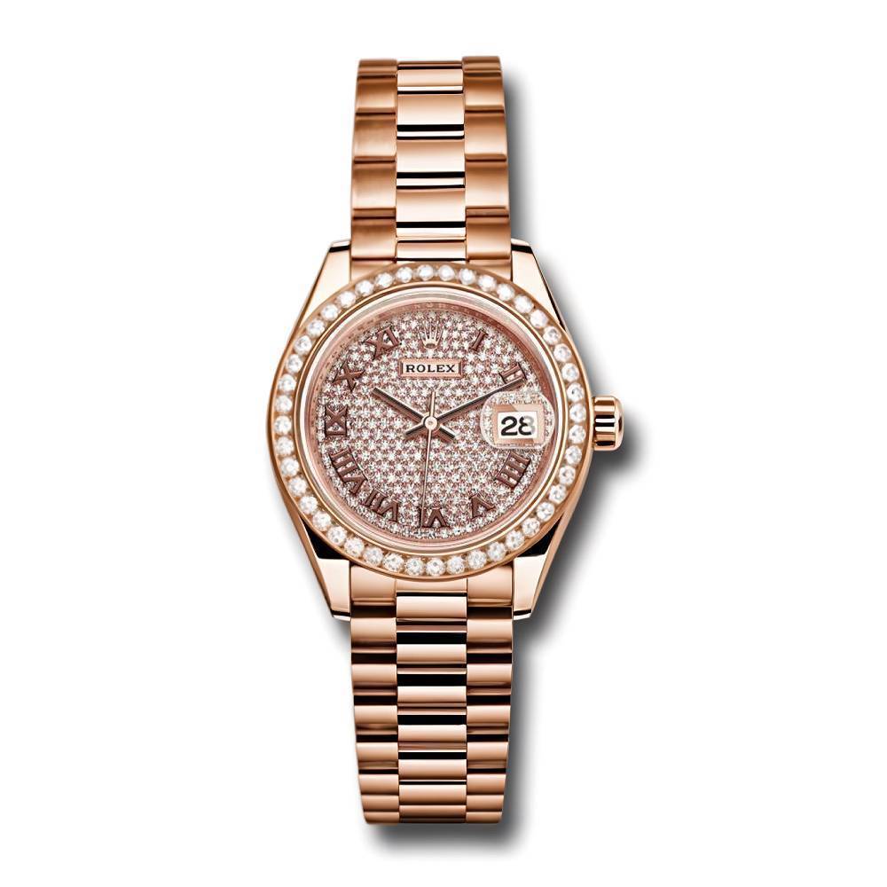 Rolex Lady-Datejust 28mm - Ref: 279135RBR dprp - Diamond Pave Dial & Diamond Bezel, 18K Rose Gold Presidential Bracelet Women's Watch