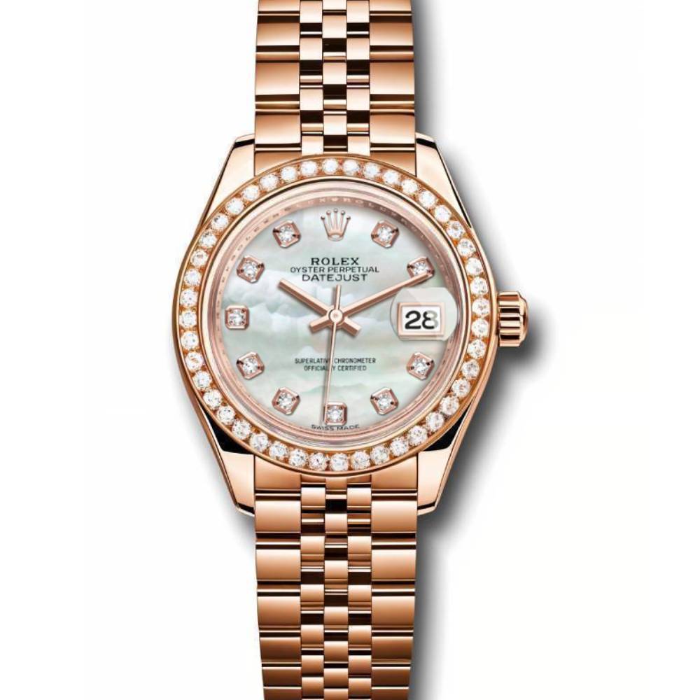Rolex Lady-Datejust 28mm - Ref: 279135RBR mdj - White Mother of Pearl Diamond Dial & Diamond Bezel, 18K Rose Gold Jubilee Bracelet Women's Watch