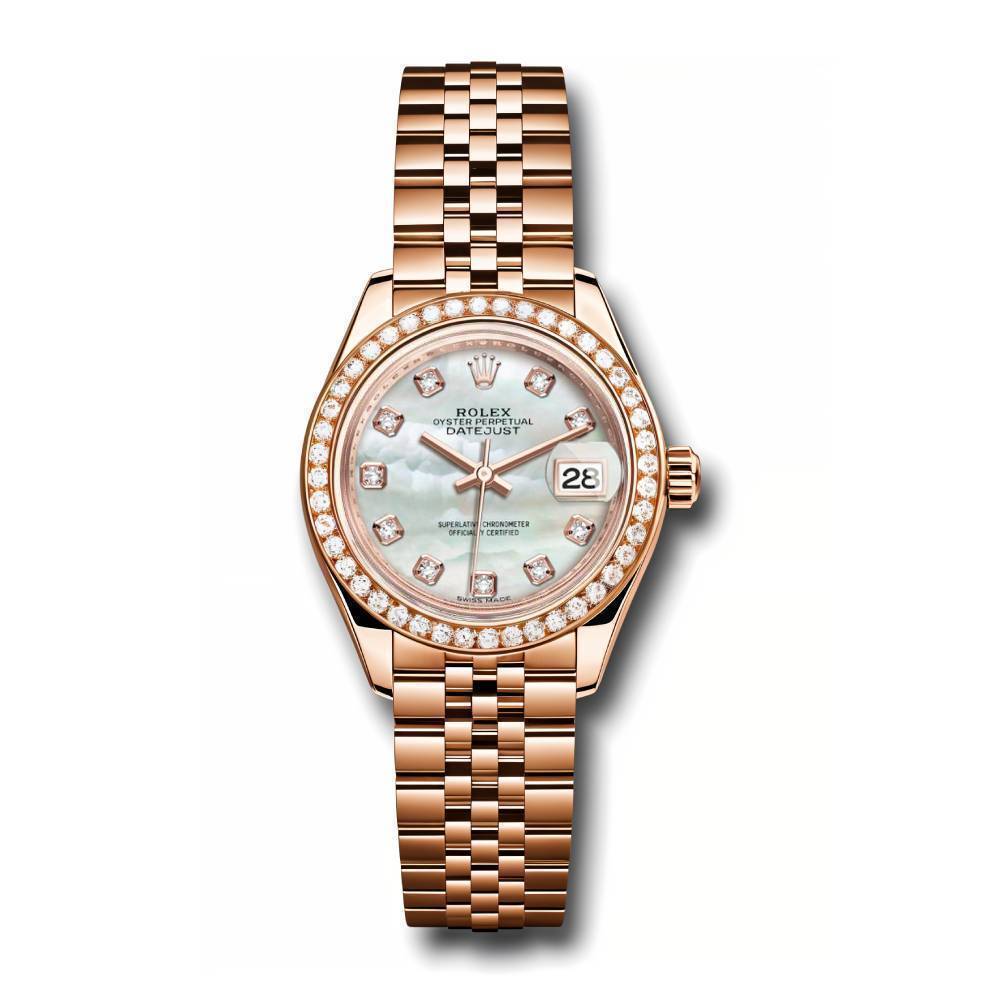 Rolex Lady-Datejust 28mm - Ref: 279135RBR mdj - White Mother of Pearl Diamond Dial & Diamond Bezel, 18K Rose Gold Jubilee Bracelet Women's Watch
