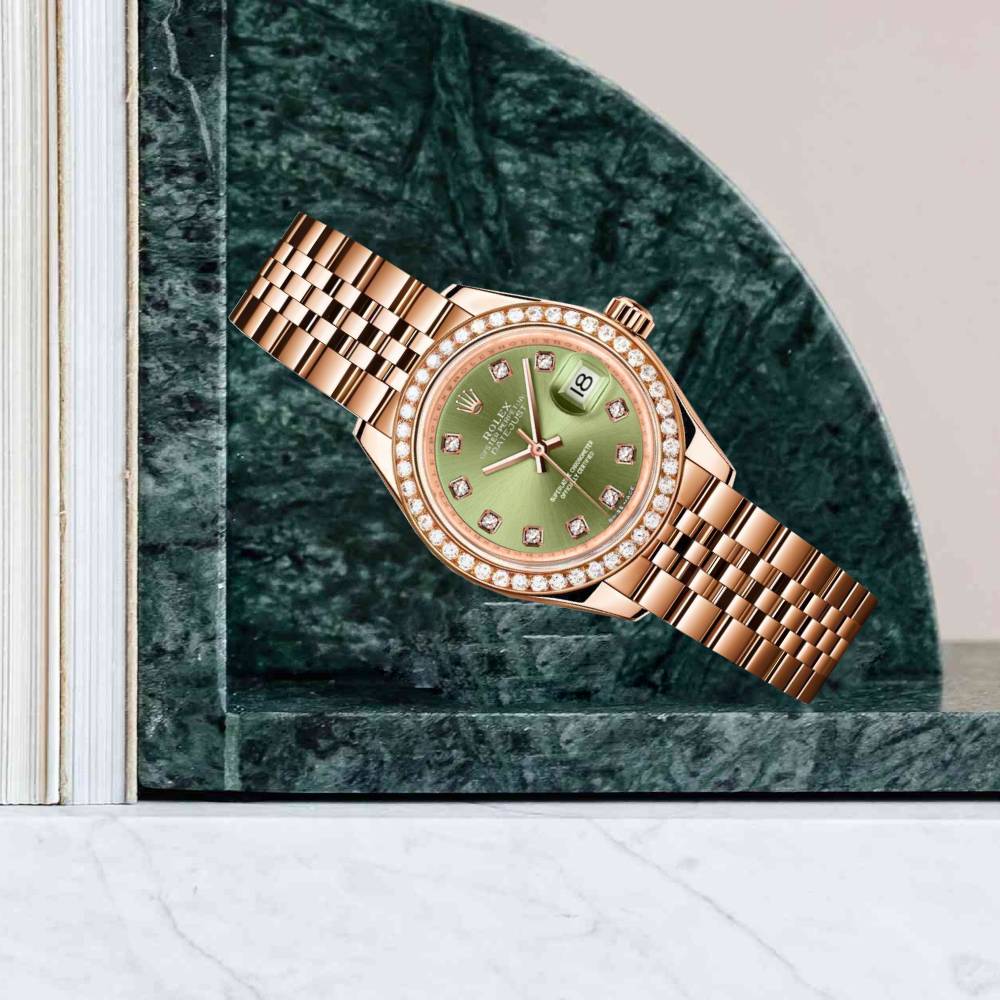 Rolex Lady-Datejust 28mm - Ref: 279135RBR ogdj - Green Diamond Dial & Diamond Bezel, 18K Rose Gold Jubilee Bracelet Women's Watch