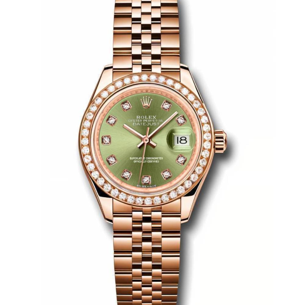 Rolex Lady-Datejust 28mm - Ref: 279135RBR ogdj - Green Diamond Dial & Diamond Bezel, 18K Rose Gold Jubilee Bracelet Women's Watch