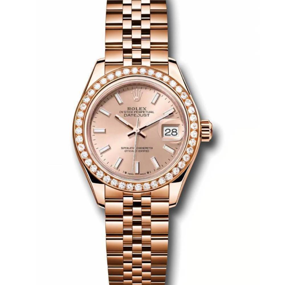 Rolex Lady-Datejust 28mm - Ref: 279135RBR pij - Sundust Stick Dial & Diamond Bezel, 18K Rose Gold Jubilee Bracelet Women's Watch