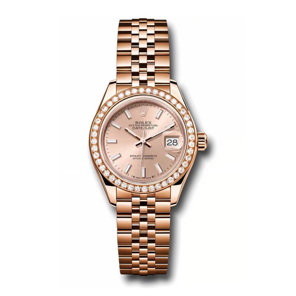 Rolex Lady-Datejust 28mm - Ref: 279135RBR pij - Sundust Stick Dial & Diamond Bezel, 18K Rose Gold Jubilee Bracelet Women's Watch