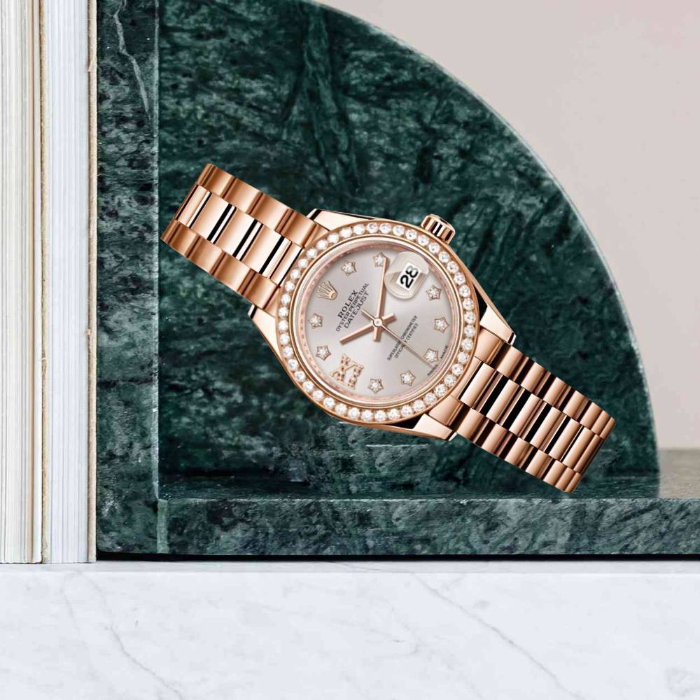 Rolex Lady-Datejust 28mm - Ref: 279135RBR s9dix8dp - Silver Diamond Dial & Diamond Bezel, 18K Rose Gold Presidential Bracelet Women's Watch