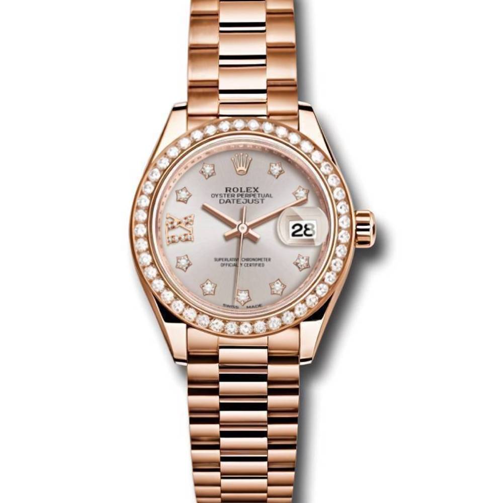 Rolex Lady-Datejust 28mm - Ref: 279135RBR s9dix8dp - Silver Diamond Dial & Diamond Bezel, 18K Rose Gold Presidential Bracelet Women's Watch