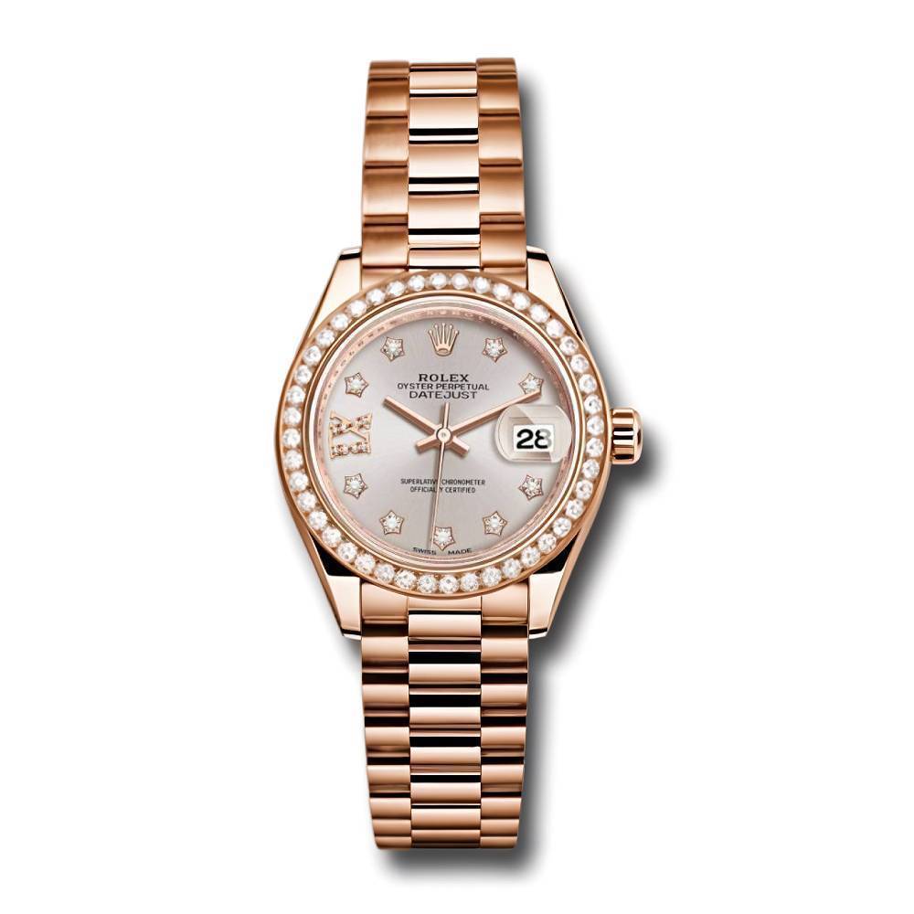 Rolex Lady-Datejust 28mm - Ref: 279135RBR s9dix8dp - Silver Diamond Dial & Diamond Bezel, 18K Rose Gold Presidential Bracelet Women's Watch