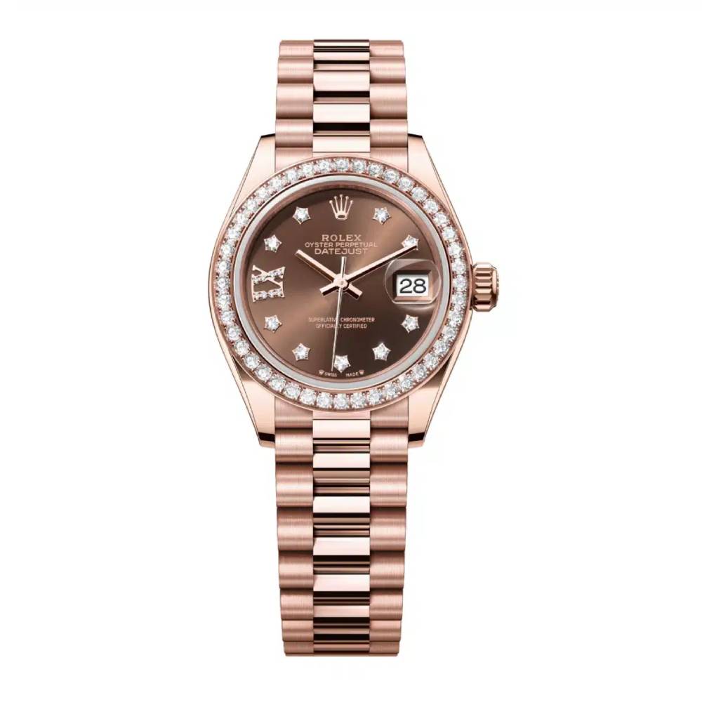 Rolex Lady Datejust 28mm - Ref: 279135rbr-0001 - Chocolate Dial, 18K Rose Gold President Bracelet Women's Watch