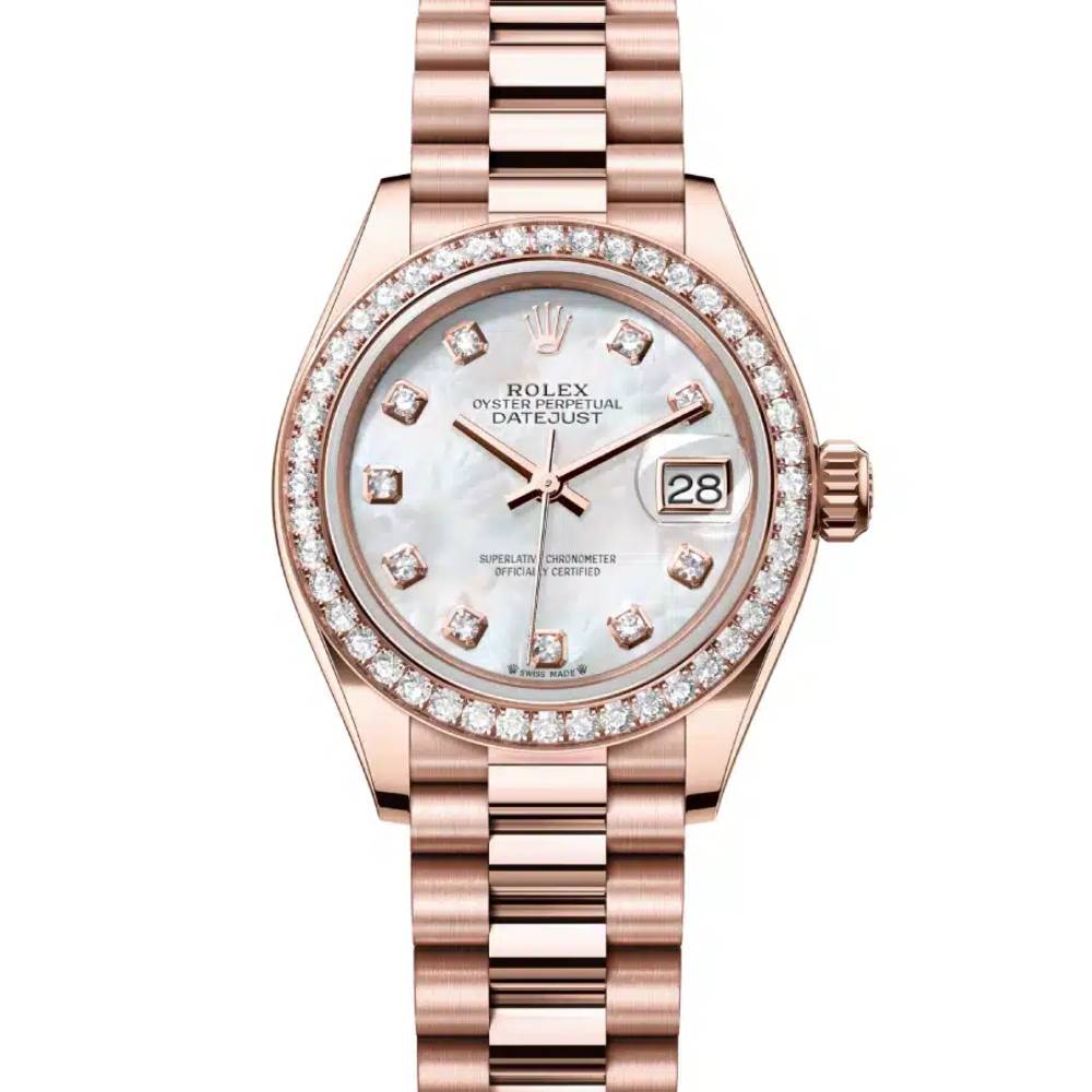 Rolex Lady Datejust 28mm - Ref: 279135rbr-0010 - White Mother of Pearl Dial, 18K Rose Gold President Bracelet Women's Watch