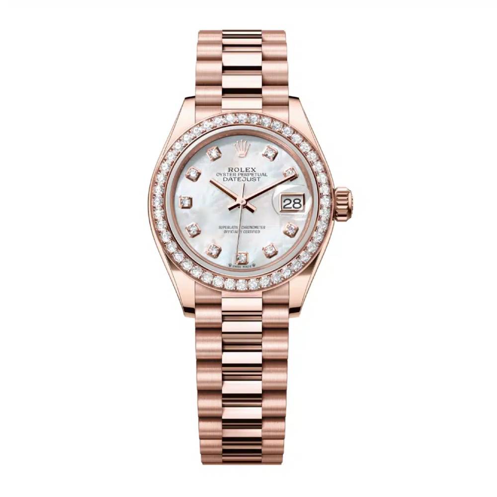 Rolex Lady Datejust 28mm - Ref: 279135rbr-0010 - White Mother of Pearl Dial, 18K Rose Gold President Bracelet Women's Watch