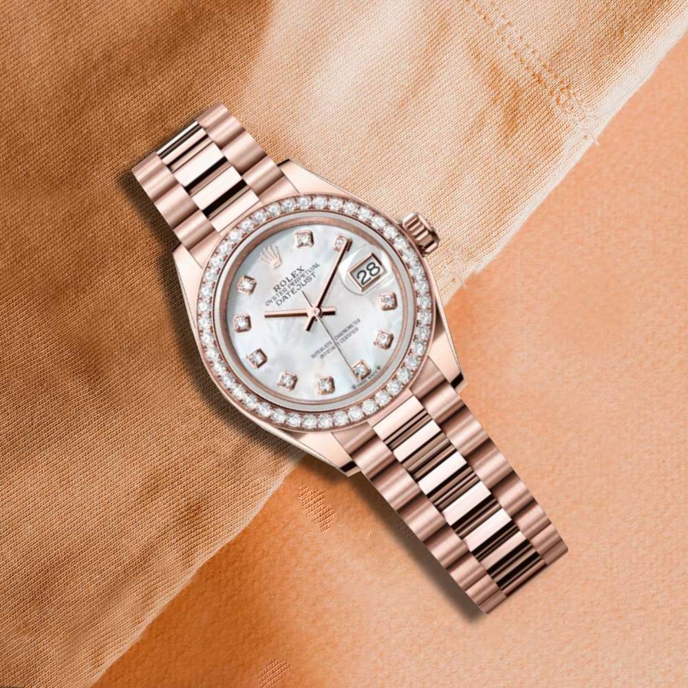 Rolex Lady Datejust 28mm - Ref: 279135rbr-0010 - White Mother of Pearl Dial, 18K Rose Gold President Bracelet Women's Watch