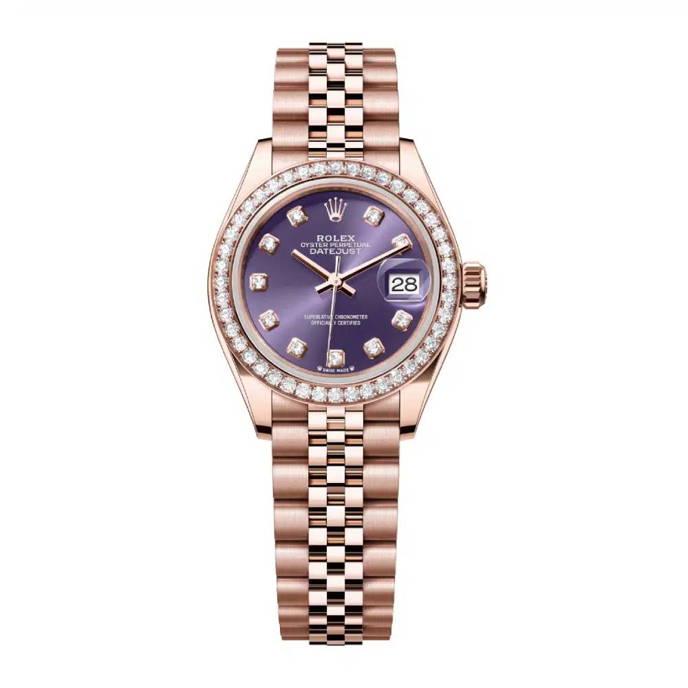 Rolex Lady-Datejust 28mm - Ref: 279135rbr-0011 - Aubergine Purple Diamond Dial & Diamond Bezel, 18K Rose Gold Jubilee Bracelet Women's Watch