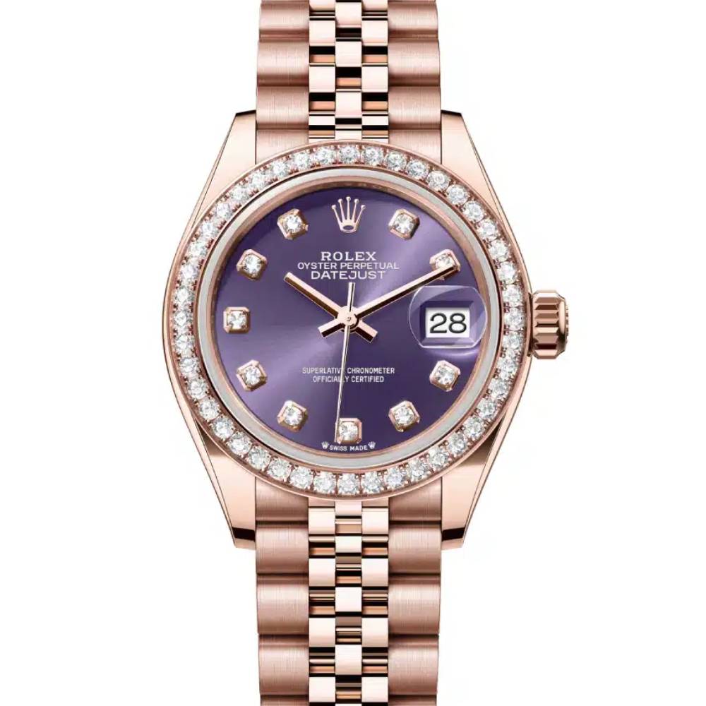 Rolex Lady-Datejust 28mm - Ref: 279135rbr-0011 - Aubergine Purple Diamond Dial & Diamond Bezel, 18K Rose Gold Jubilee Bracelet Women's Watch