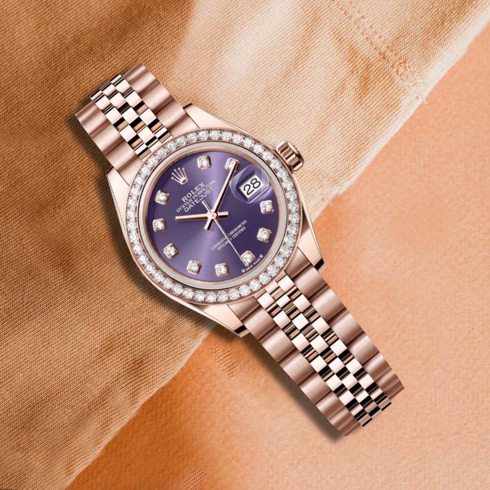 Rolex Lady-Datejust 28mm - Ref: 279135rbr-0011 - Aubergine Purple Diamond Dial & Diamond Bezel, 18K Rose Gold Jubilee Bracelet Women's Watch