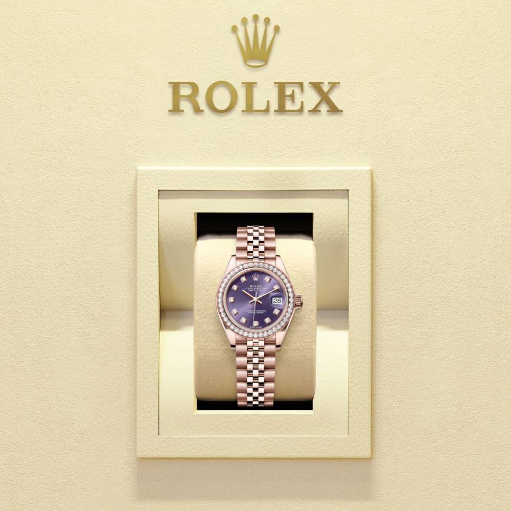 Rolex Lady-Datejust 28mm - Ref: 279135rbr-0011 - Aubergine Purple Diamond Dial & Diamond Bezel, 18K Rose Gold Jubilee Bracelet Women's Watch