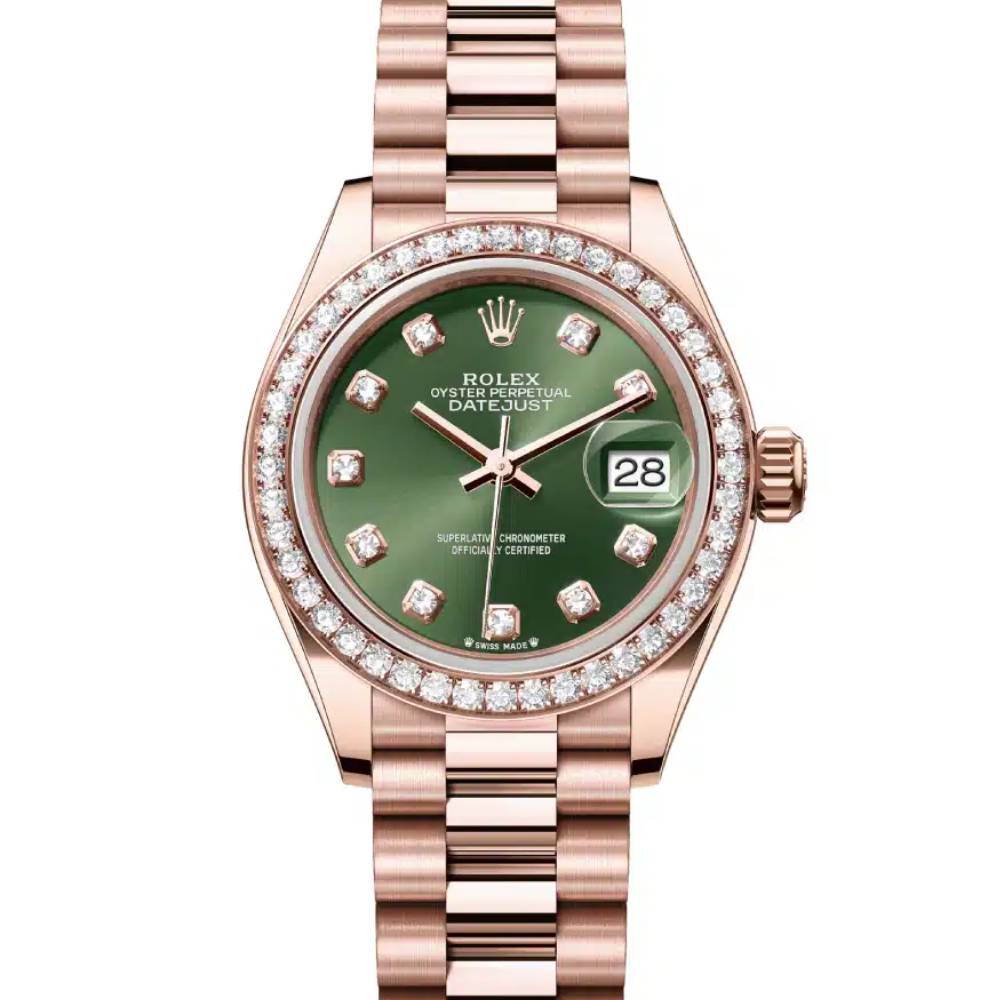 Rolex Lady Datejust 28mm - Ref: 279135rbr-0014 - Green Dial, 18K Rose Gold President Bracelet Women's Watch