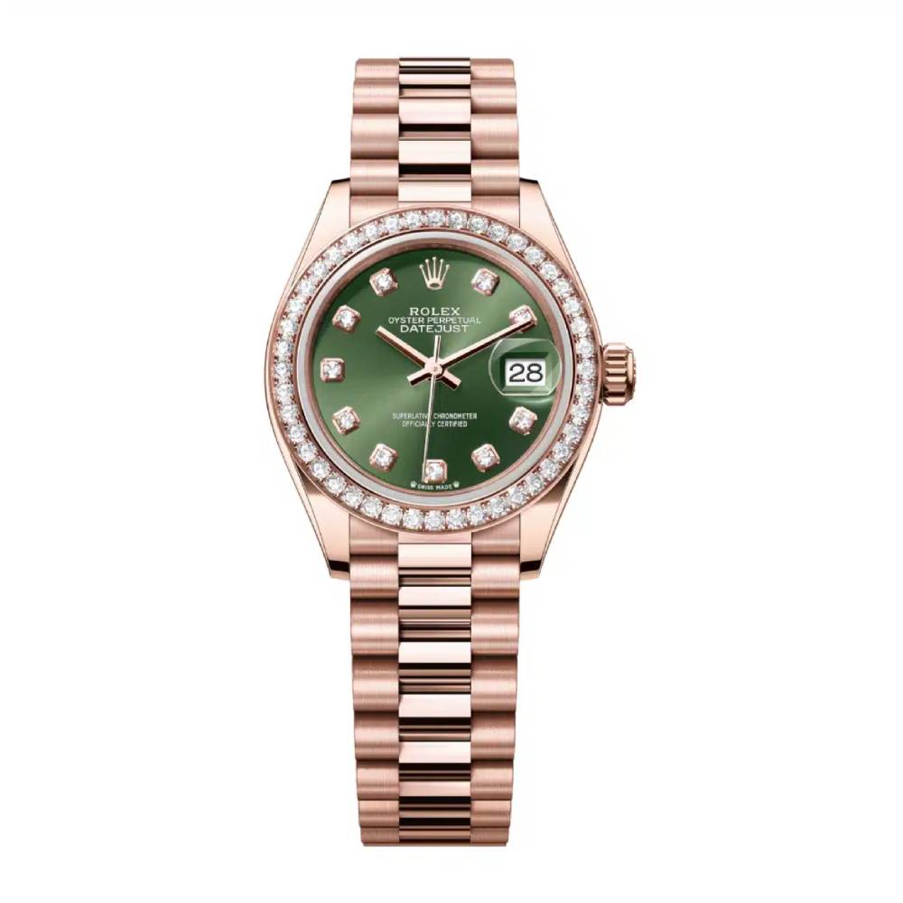 Rolex Lady Datejust 28mm - Ref: 279135rbr-0014 - Green Dial, 18K Rose Gold President Bracelet Women's Watch