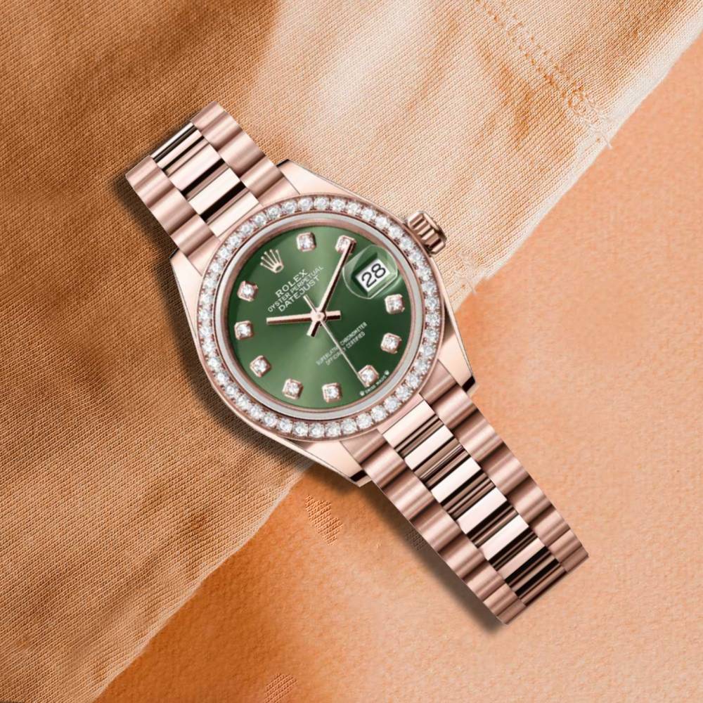 Rolex Lady Datejust 28mm - Ref: 279135rbr-0014 - Green Dial, 18K Rose Gold President Bracelet Women's Watch