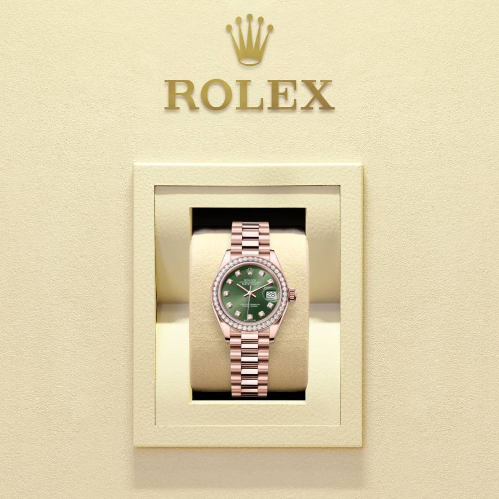 Rolex Lady Datejust 28mm - Ref: 279135rbr-0014 - Green Dial, 18K Rose Gold President Bracelet Women's Watch