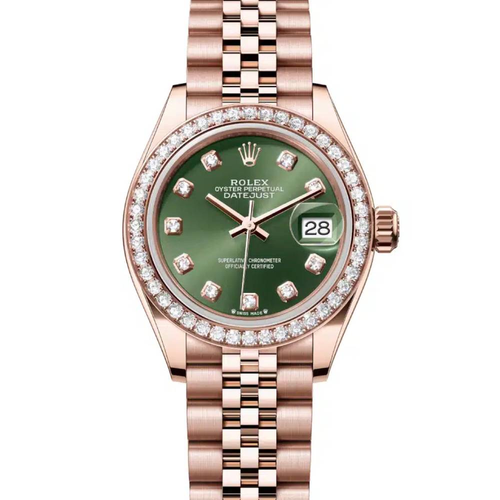 Rolex Lady-Datejust 28mm - Ref: 279135rbr-0015 - Green Diamond Dial & Diamond Bezel, 18K Rose Gold Jubilee Bracelet Women's Watch