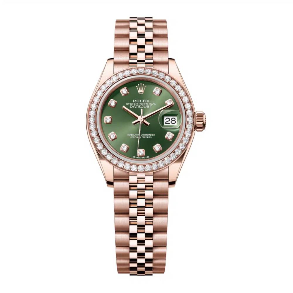 Rolex Lady-Datejust 28mm - Ref: 279135rbr-0015 - Green Diamond Dial & Diamond Bezel, 18K Rose Gold Jubilee Bracelet Women's Watch