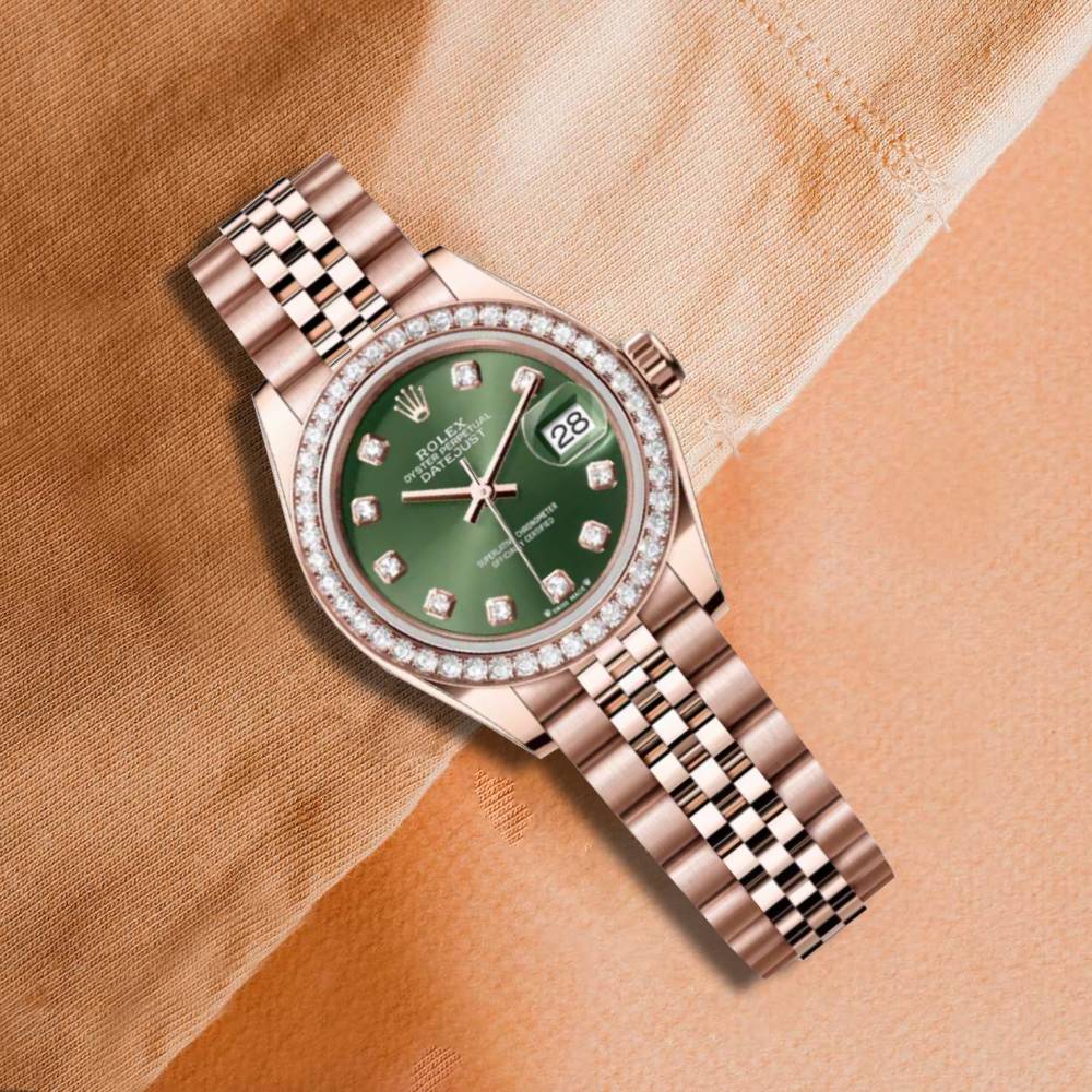 Rolex Lady-Datejust 28mm - Ref: 279135rbr-0015 - Green Diamond Dial & Diamond Bezel, 18K Rose Gold Jubilee Bracelet Women's Watch