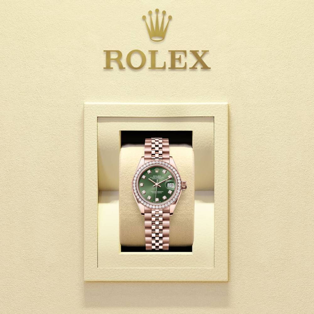 Rolex Lady-Datejust 28mm - Ref: 279135rbr-0015 - Green Diamond Dial & Diamond Bezel, 18K Rose Gold Jubilee Bracelet Women's Watch