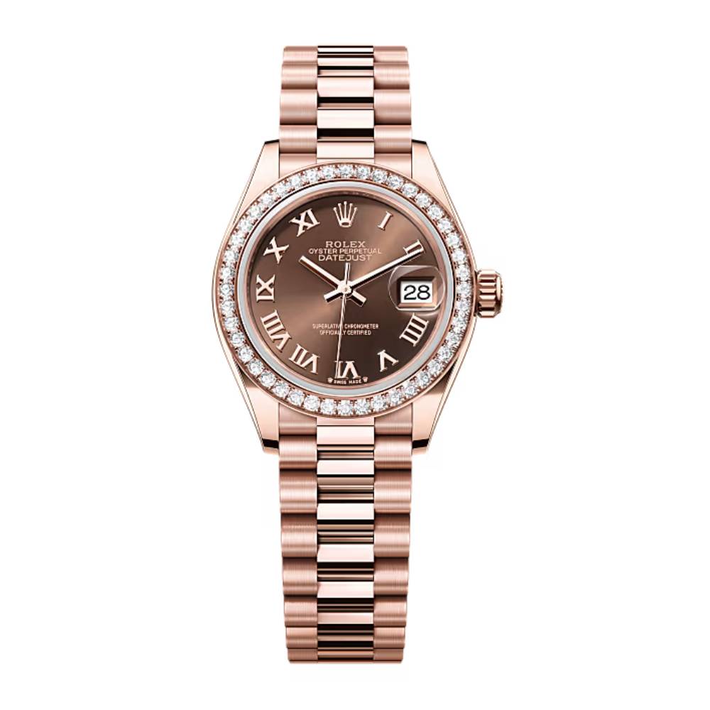 Rolex Lady-Datejust 28mm - Ref: 279135rbr-0016 - Chocolate Roman Diamond Dial & Diamond Bezel, 18K Rose Gold Presidential Bracelet Women's Watch