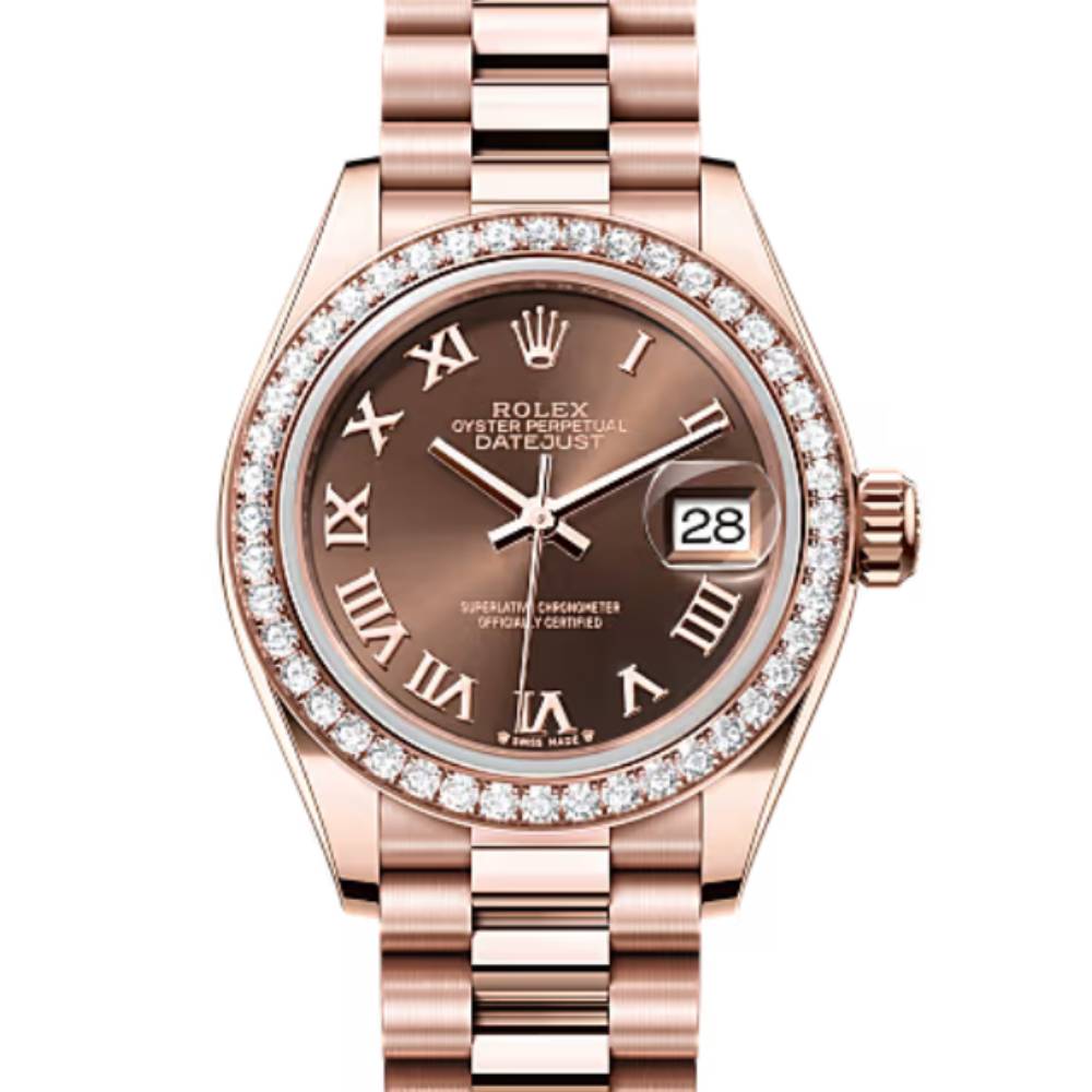 Rolex Lady-Datejust 28mm - Ref: 279135rbr-0016 - Chocolate Roman Diamond Dial & Diamond Bezel, 18K Rose Gold Presidential Bracelet Women's Watch