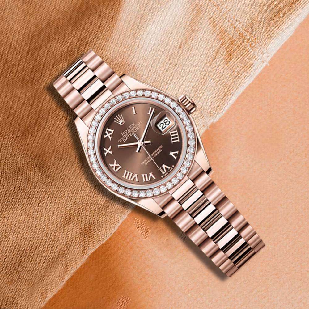 Rolex Lady-Datejust 28mm - Ref: 279135rbr-0016 - Chocolate Roman Diamond Dial & Diamond Bezel, 18K Rose Gold Presidential Bracelet Women's Watch