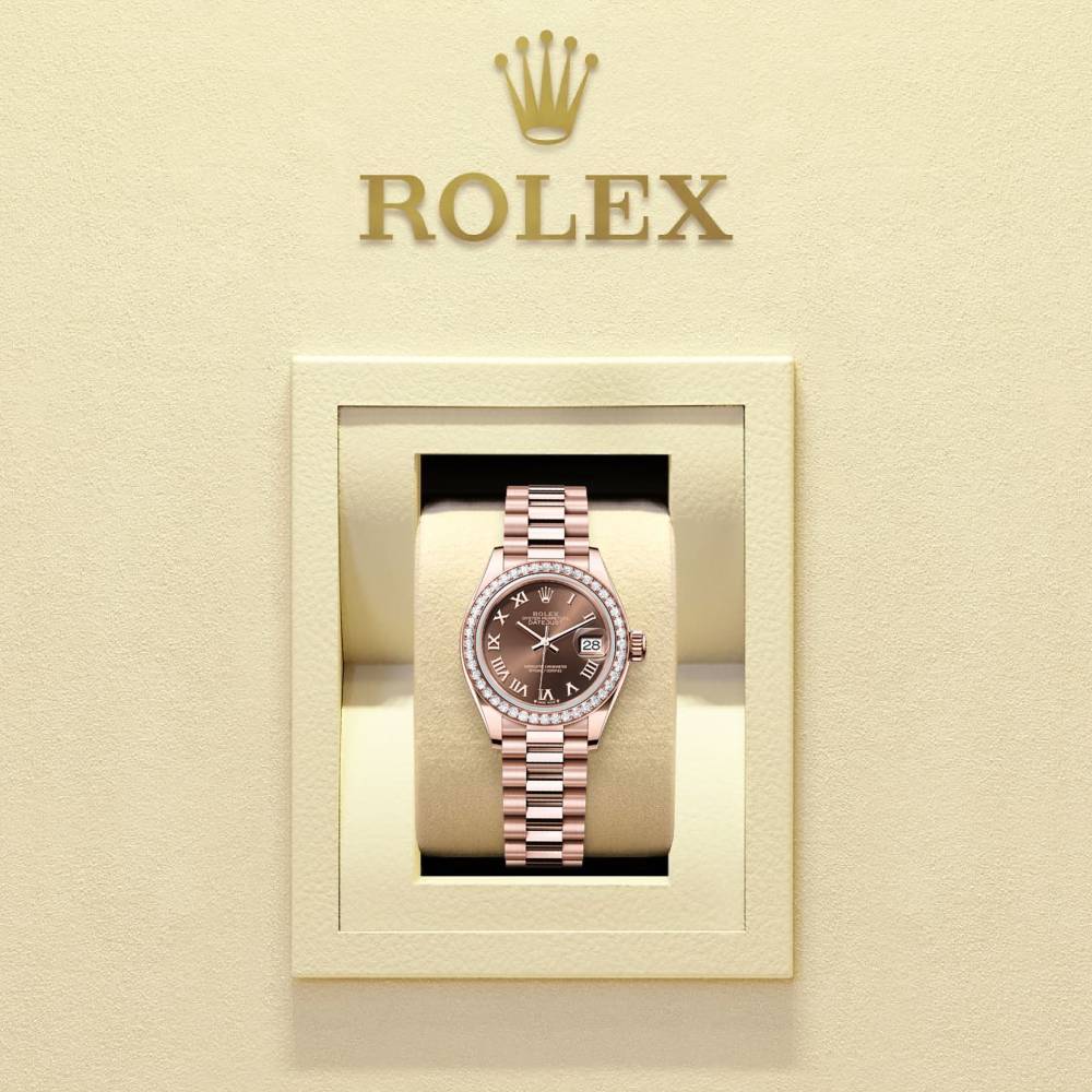 Rolex Lady-Datejust 28mm - Ref: 279135rbr-0016 - Chocolate Roman Diamond Dial & Diamond Bezel, 18K Rose Gold Presidential Bracelet Women's Watch