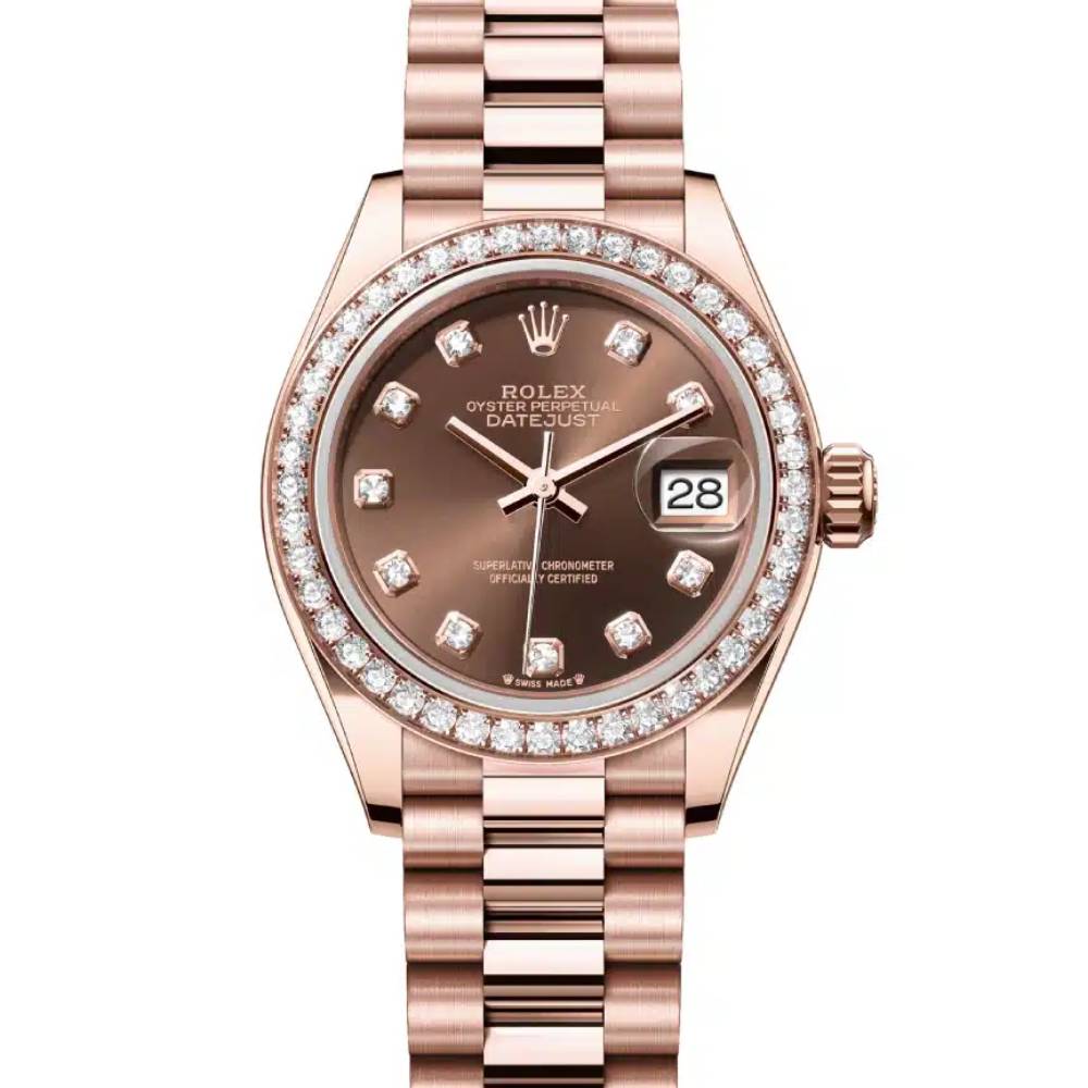 Rolex Lady-Datejust 28mm - Ref: 279135rbr-0017 - Chocolate Diamond Dial & Diamond Bezel, 18K Rose Gold Presidential Bracelet Women's Watch