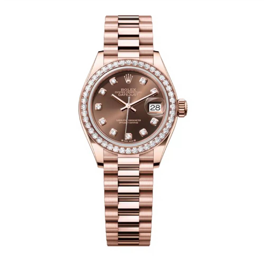 Rolex Lady-Datejust 28mm - Ref: 279135rbr-0017 - Chocolate Diamond Dial & Diamond Bezel, 18K Rose Gold Presidential Bracelet Women's Watch