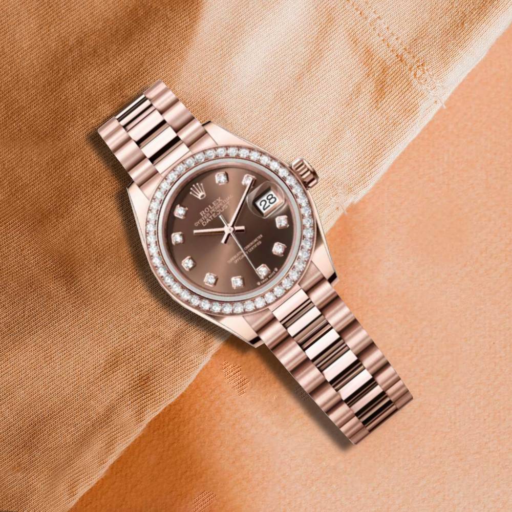 Rolex Lady-Datejust 28mm - Ref: 279135rbr-0017 - Chocolate Diamond Dial & Diamond Bezel, 18K Rose Gold Presidential Bracelet Women's Watch