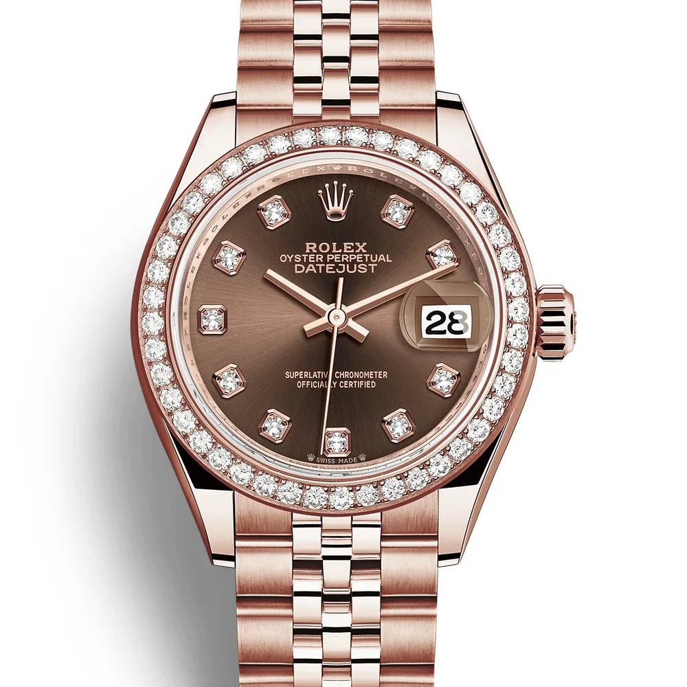 Rolex Lady-Datejust 28mm - Ref: 279135rbr-0018 - Chocolate Diamond Dial & Diamond Bezel, 18K Rose Gold Jubilee Bracelet Women's Watch