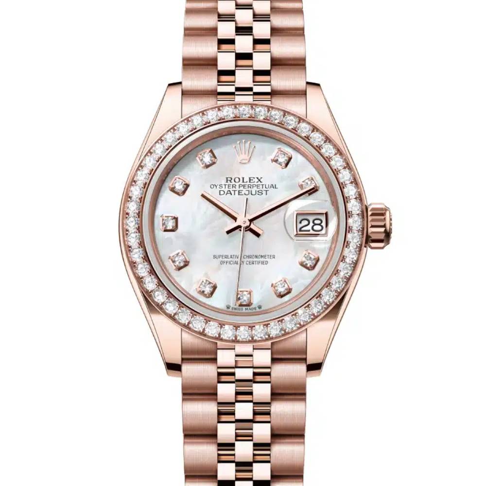 Rolex Lady-Datejust 28mm - Ref: 279135rbr-0019 - White Mother of Pearl Diamond Dial, 18K Rose Gold Jubilee Bracelet Women's Watch