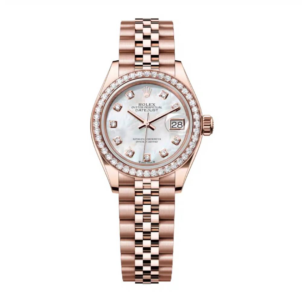 Rolex Lady-Datejust 28mm - Ref: 279135rbr-0019 - White Mother of Pearl Diamond Dial, 18K Rose Gold Jubilee Bracelet Women's Watch