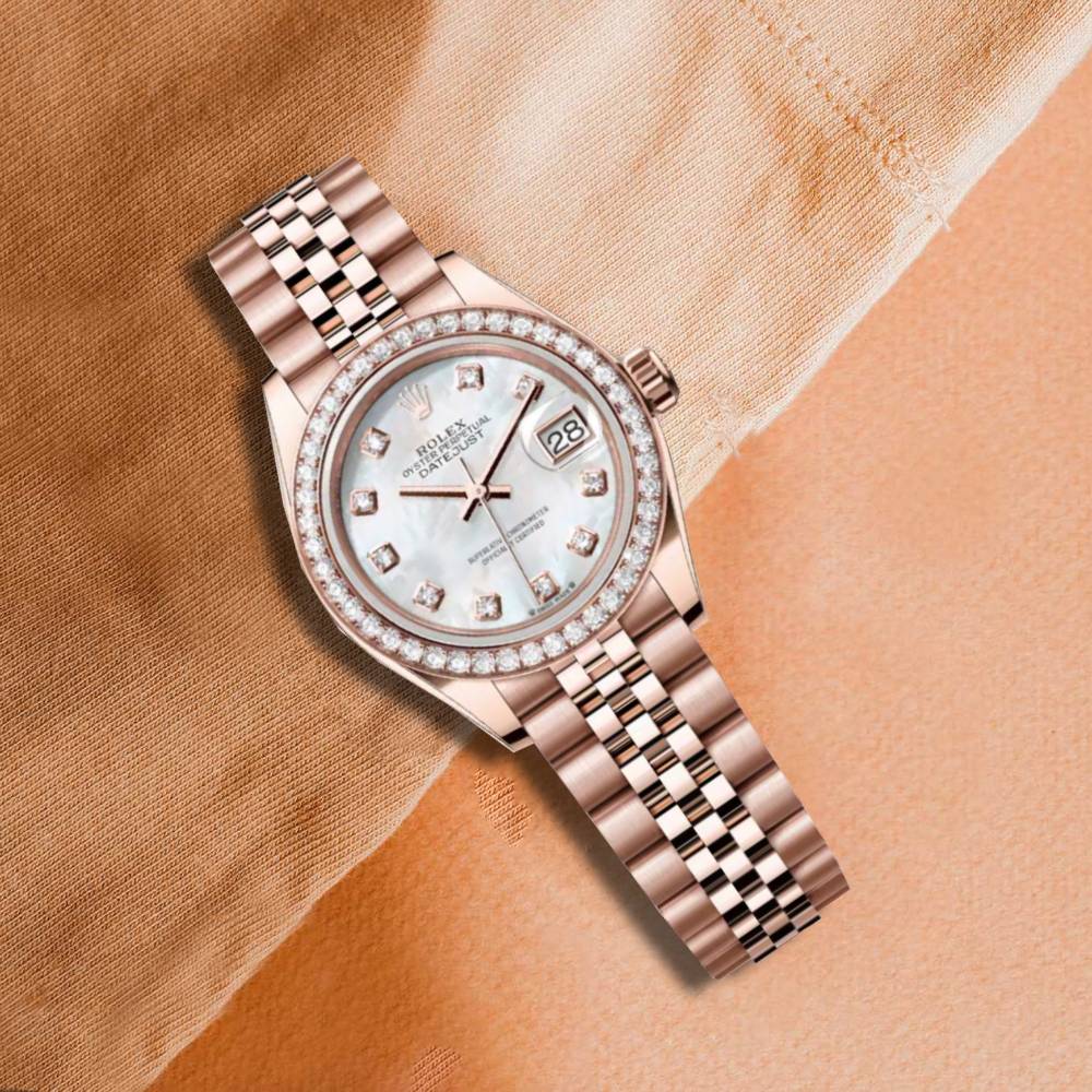 Rolex Lady-Datejust 28mm - Ref: 279135rbr-0019 - White Mother of Pearl Diamond Dial, 18K Rose Gold Jubilee Bracelet Women's Watch